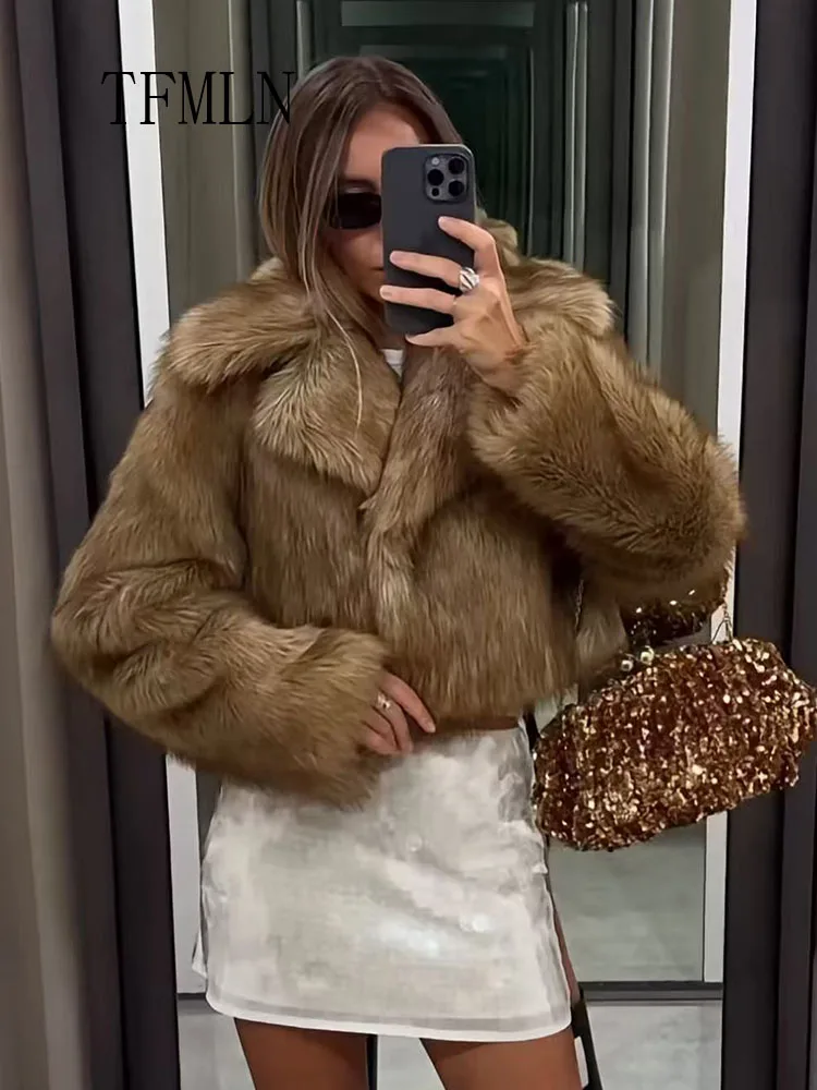 Vintage Women Faux Fur Cropped Coats 2025 Autumn Winter Causal Notched Long Sleeve Chic Jackets Retro High Street Solid Outwear