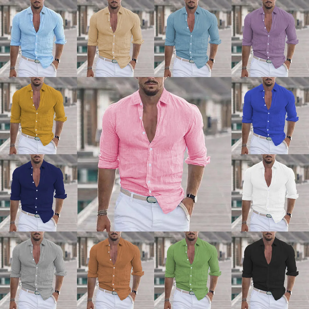 

New Cotton And Linen Men's Casual Lightweight Solid Color Spring/Fall Lapel Long Sleeve Shirt Beach Style Plus Size S-3XL
