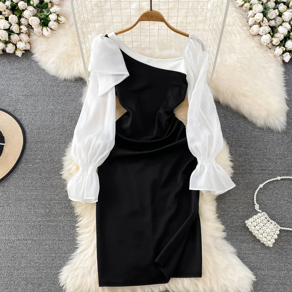 

Foamlina White Black Patchwork Women Dress 2023 New Autumn Long Sleeve Ruffles Slim Fit Side Split Midi Party Bodycon Dress