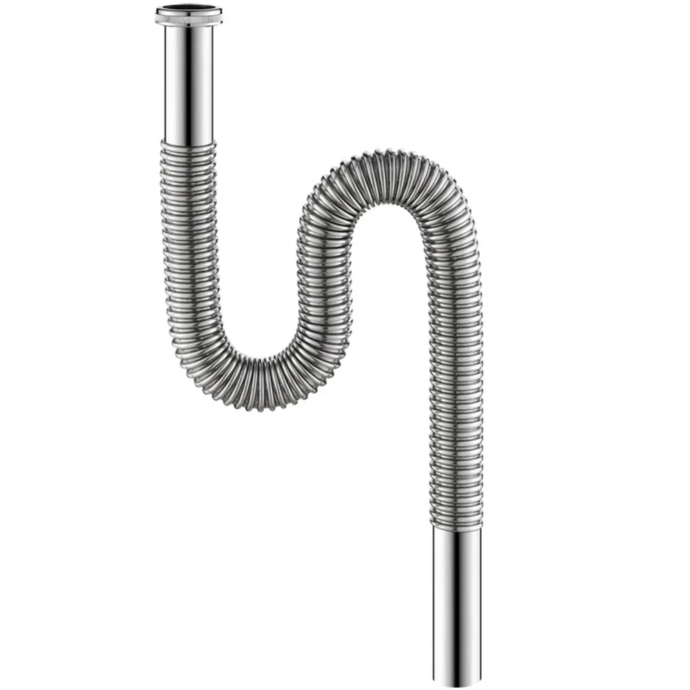 Stainless Steel Bathroom Sink Siphon Waste Drain Flexible Pipe Hose 80cm 1pcs Silver Kitchen Fixture