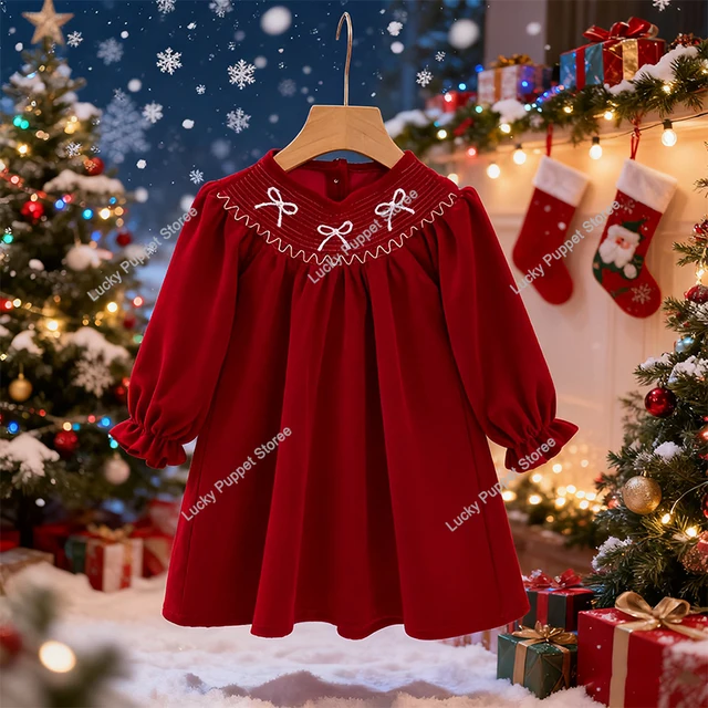 Robe de fête de noël bébé fille arc princesse à volants finition robe mode vacances de noël automne hiver porter enfants fille robe 1