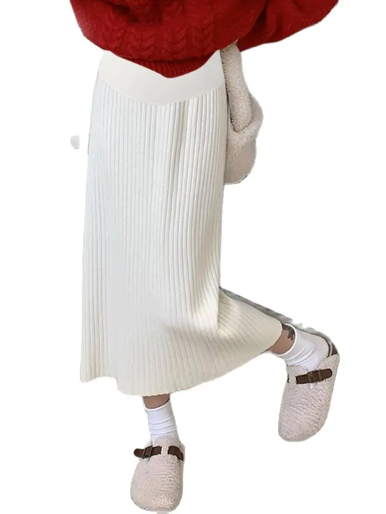 Autumn and Winter New Pregnant Women's Skirts Solid Color Casual Knitted One Step Skirt Adjustable Waist Maternity Empired Skirt
