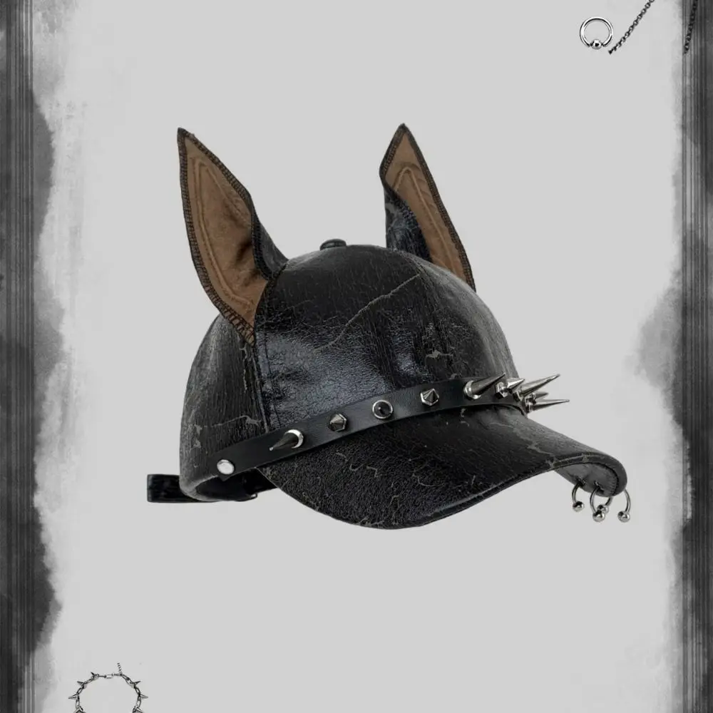 Modische Punk-Dobermann-Ohren Baseballkappen, verstellbare PU-Leder-Nietenmützen, Y2K Spice Girl Sonnenschutzhüte für Männer und Frauen – Detail 10