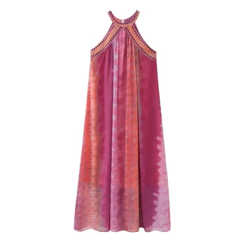 lantejoulas brillantes Tie-dye, vestidos sueltos sin mangas, vestido informal para mujer, vestidos bohemios de gasa para playa de otoño y verano para mujer 1