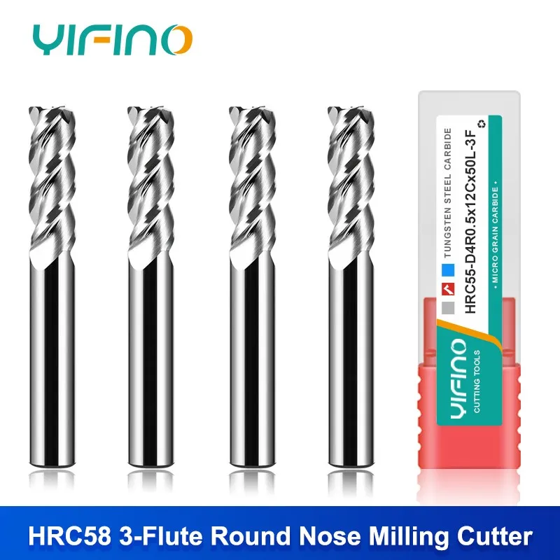 

YIFINO HRC58 3-Flute Tungsten Steel Carbide Round Nose Milling Cutter For Aluminum CNC Mechanical Machining Center End Mill Tool