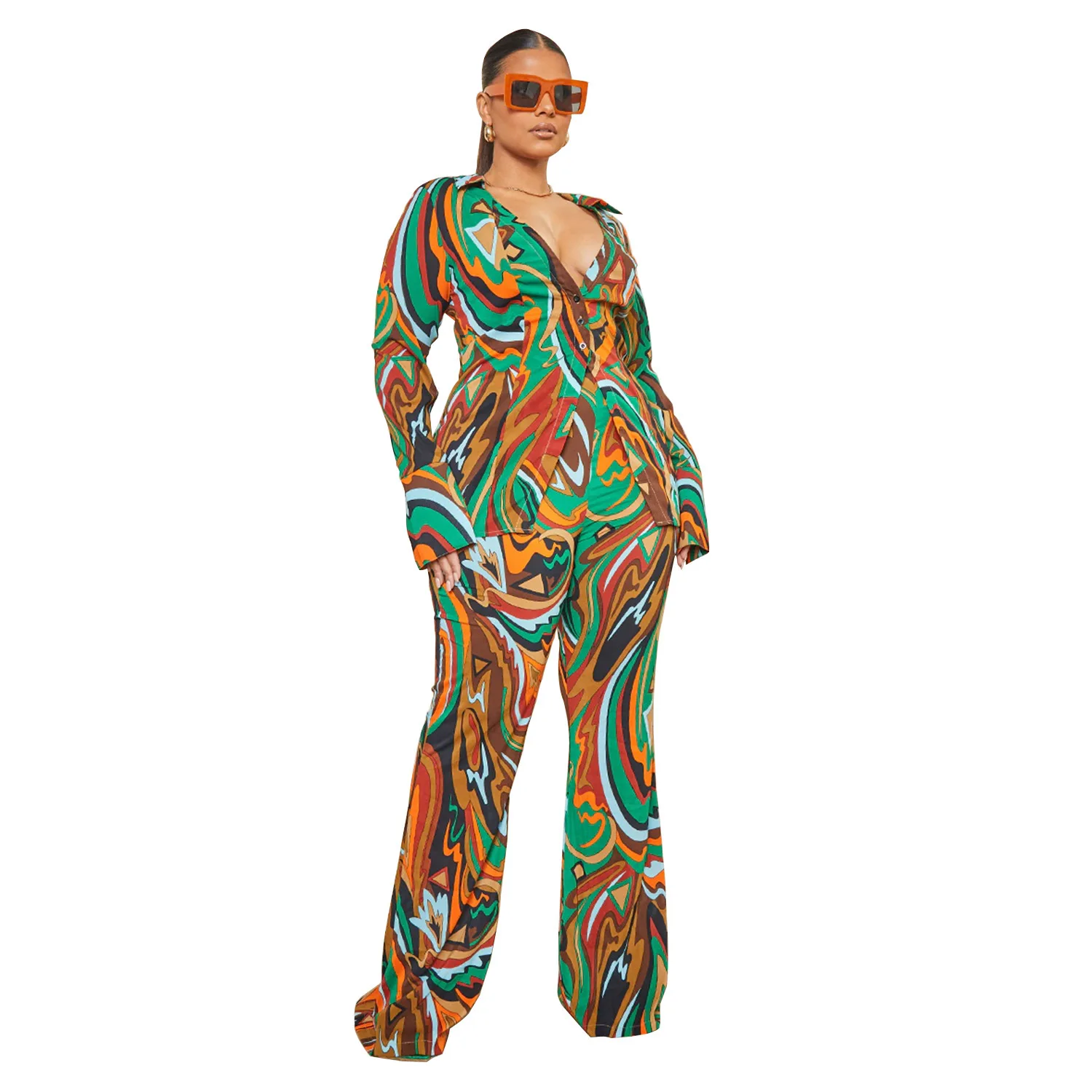

70s Plus Size Women's Fashion Print Sexy V Neck Button Pants Suit Party Gathering Tenue Ecoliere Sexy Cosplay Costume Women