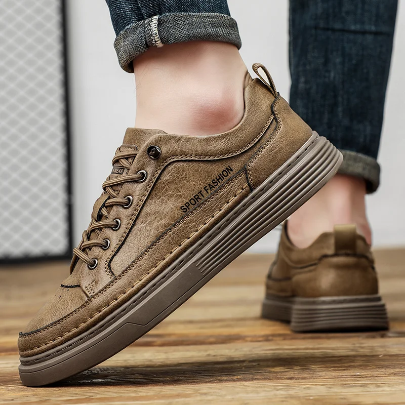 Golden Sapling Skateboard Shoes Men Genuine Leather Flats Retro Men's Casual Shoes Fashion Platform Footwear Party Leisure Flat