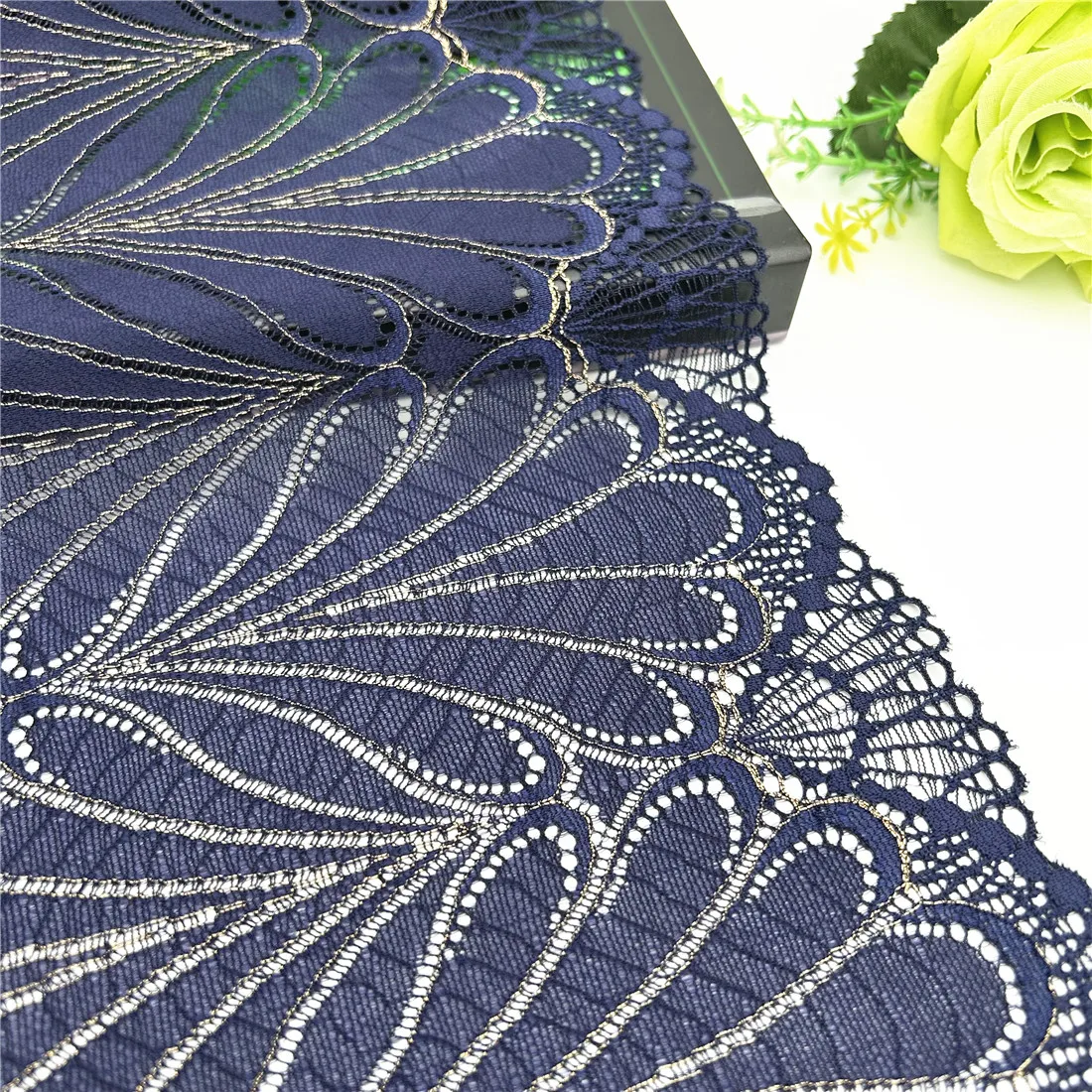 3y/lot Width 23cm Dark Blue Gold Shimmer Elastic Stretch Lace Trim 3