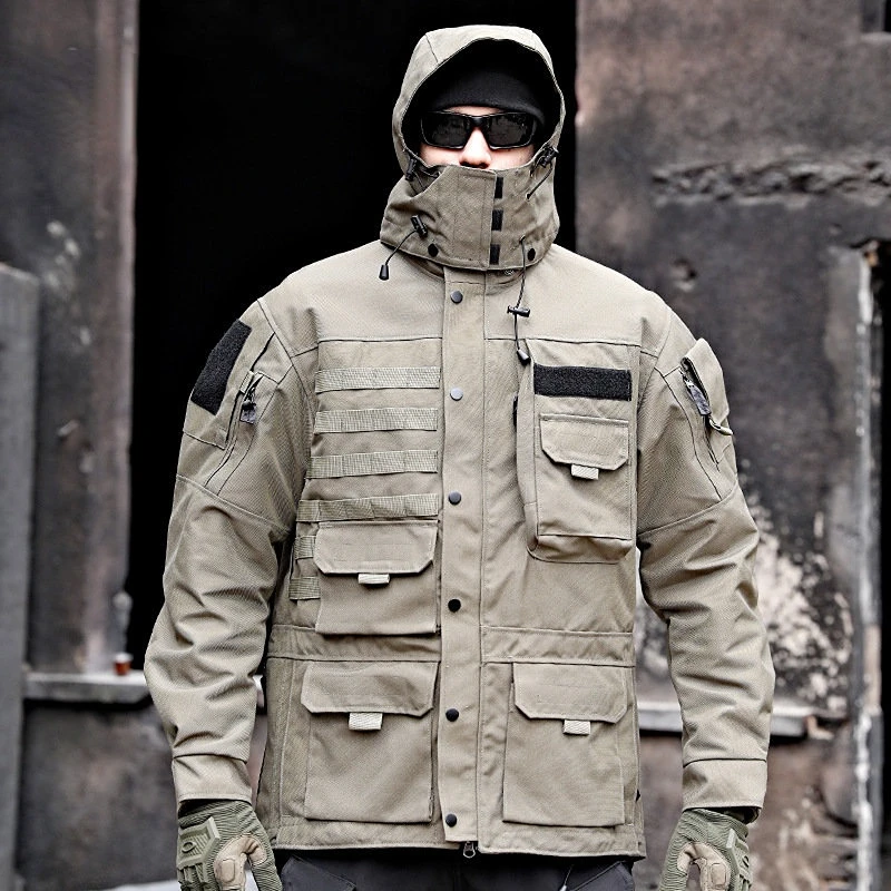 

Men's Tactical Motorcycle Jacket Removable Hat Multi Pocket Zipper Coat Men's Outdoor Wind Proof Wear Resistant Workwear Top