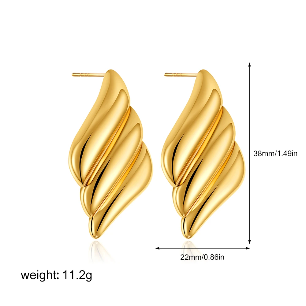 Vintage Gold Plated Stainless Steel Stud Earrings for Women Fashion Glossy Metal Wings Shape Chunky Hoops Statement Jewelry - Image 6