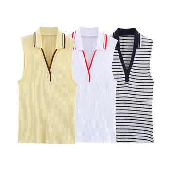 Summer New Fashion Style Ribbed Sleeveless Polo Collar T-shirt Sports Style Polo Shirt Vest Top Women's Clothing 1