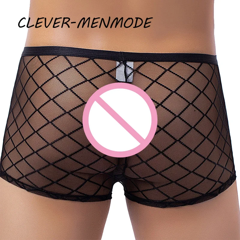 Men's Sexy Transparent Lace Panties Fishnet Sheer Boxer Shorts