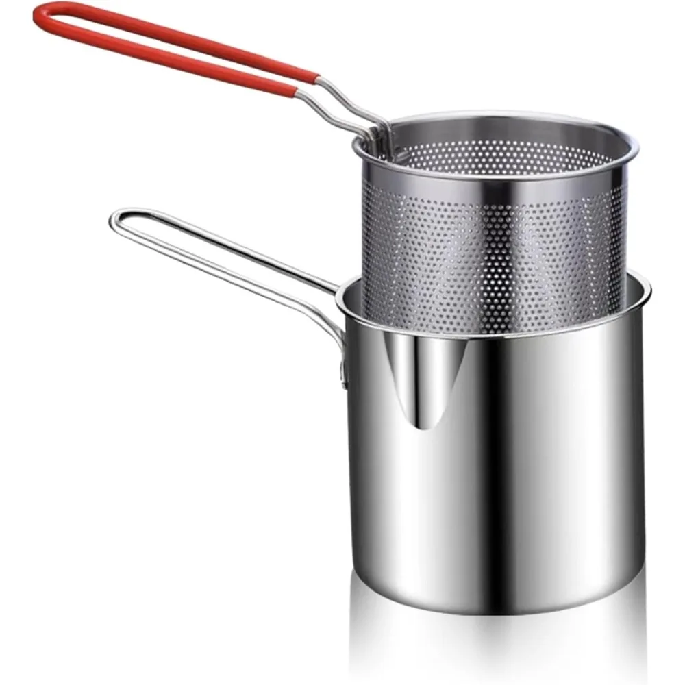 Small Deep Fryer Pot with Basket, Mini Deep Oil Fryer, 304 Stainless Steel Gadgets with Anti Scalding Silicone Handle Small Deep Fryer Pot with Basket, Mini Deep Oil Fryer, 304 Stainless Steel Gadgets with Anti Scalding Silicone Handle