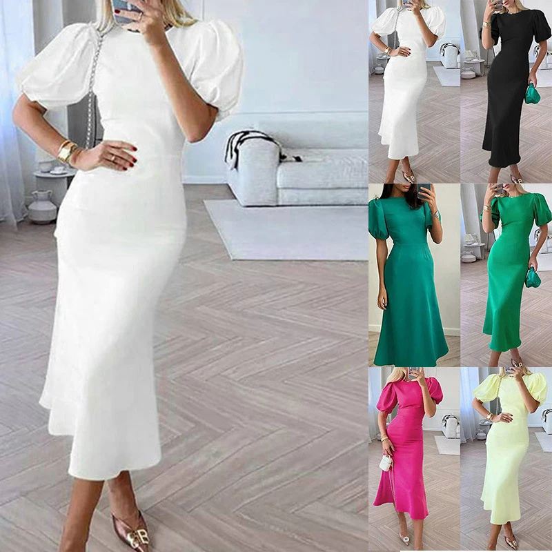 

Women's 2023 Summer New Print Solid Lantern Sleeves Waist Wrapped Fashion Slim Fit Long Dress Solid Color Long Elegant Clothing