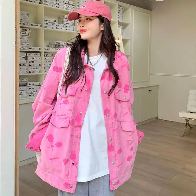 

2023 New Women's Spring Coat Denim Pink Print Loose Versatile Fashion Long Sleeve Free Shipping