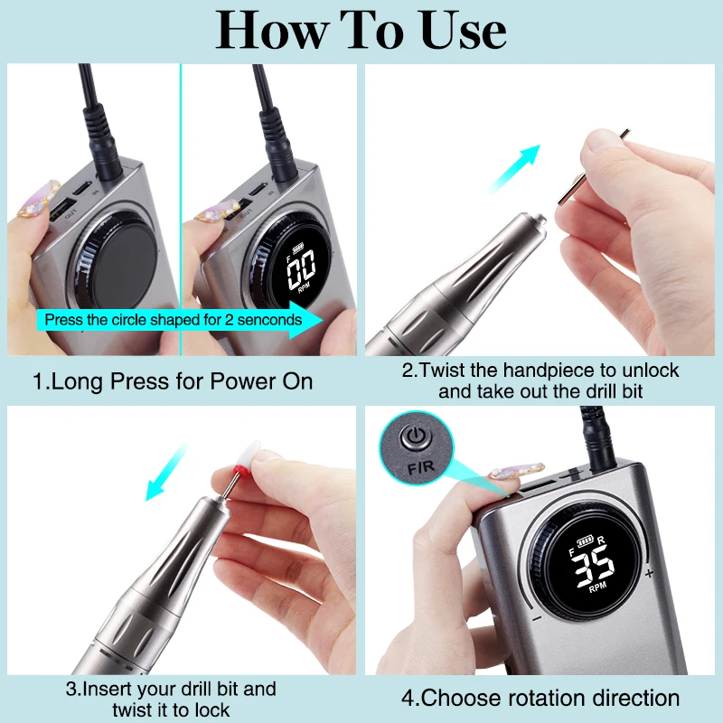 Nail Drill Machine Kit 35000RPM Rechargeable Portable Electric Nail File for Manicure Acrylic Gel Nails electric nail drill,electric nail grinder