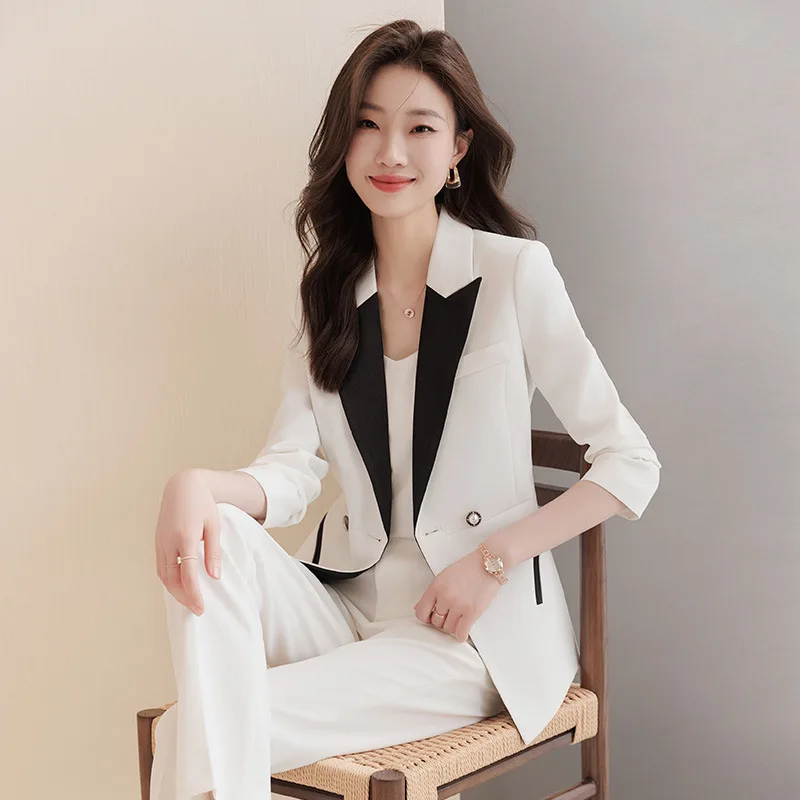 Office Ladies Business Work Wear Pant Suit Women Long Sleeve Contrast Color Blazer And Trouser Black White Formal 2 Piece Set