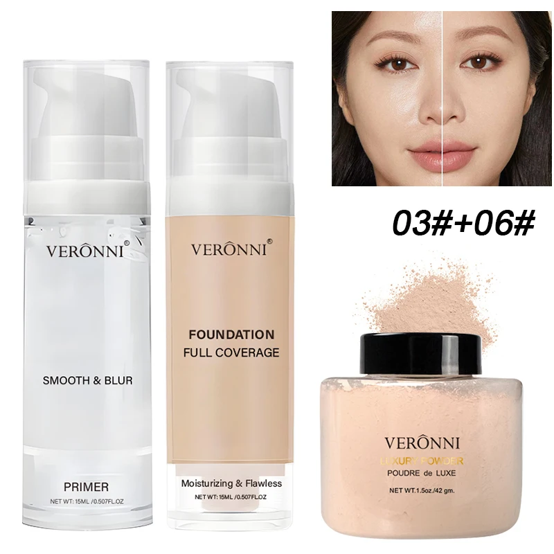 Kit de Maquillaje facial para principiantes de 3 piezas, base mate resistente al agua, imprimación hidratante, polvo suelto con control de aceite, corrector de cobertura total