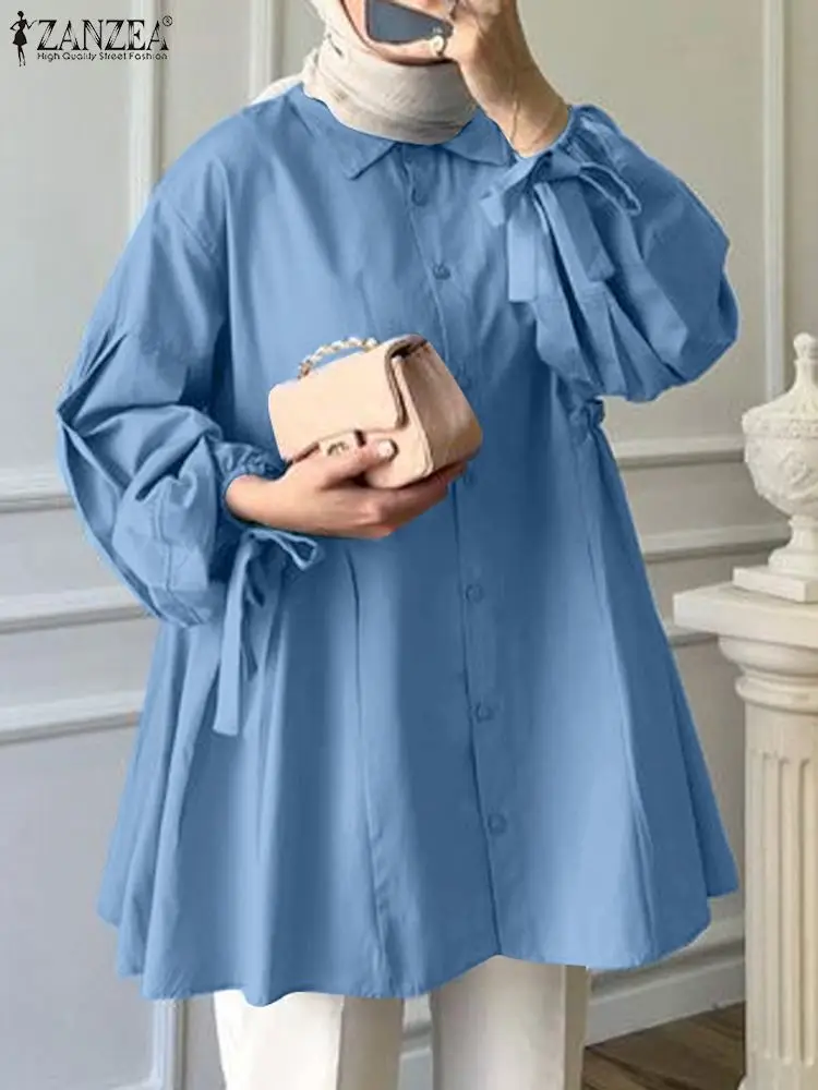 

Осенняя модная Однотонная рубашка ZANZEA, женская блузка с отложным воротником и длинным рукавом, свободные мусульманские блузки, рабочая рубашка, женские повседневные топы на шнуровке