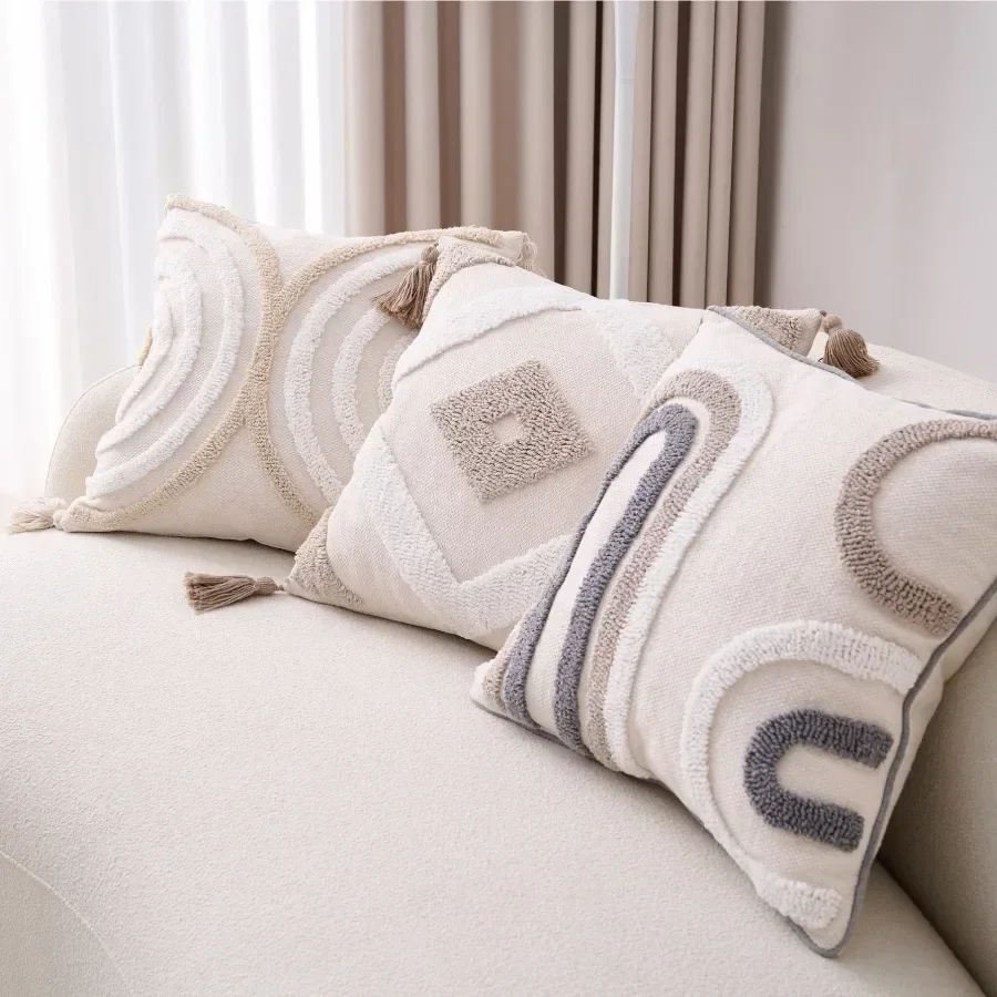 2024 Nordic Style Beige Gray Cushion Cover Geometric Tufted Pillow