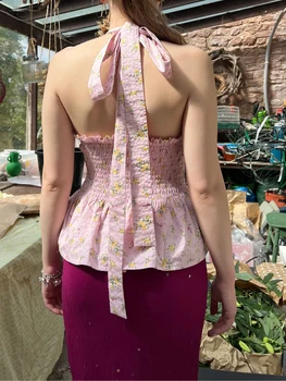 Floral Print Halter Neck Tank Top with Swiss Dot Detailing and Backless Design - Sleeveless Summer Vest for Streetwear 1