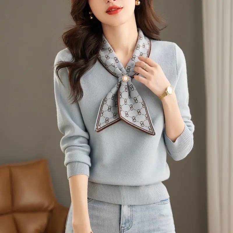 

Women's Knitted Autumn and Winter 2023 New Scarf Collar Printed Button Loose Elegant Long Sleeve Pullover Bottom Sweater Tops