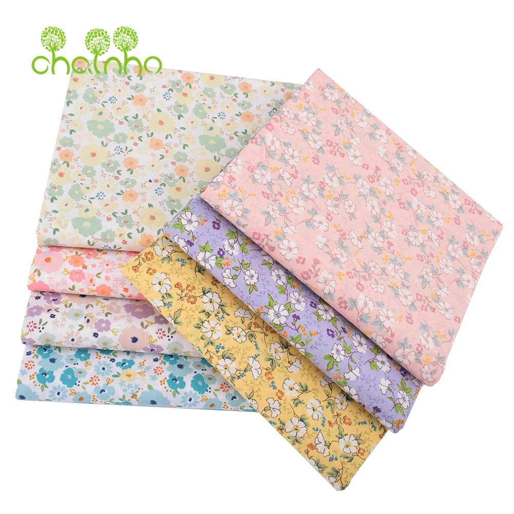 Chainho,Light Color Floral Printed Plain Poplin Cotton Fabric,DIY Sewing Quilting Material For Baby&Children's Shirt,Skirt,Dress