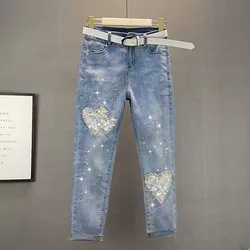 Heart Lace Cut Out Jeans Womens 2022 Spring Summer Elastic Slim Hot Drill Pencil Pants Ladies Street Denim Trousers Female Pants