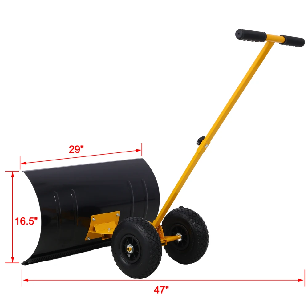 Snow Shovel with Wheels, Snow Pusher, Cushioned Adjustable Angle Handle Removal Tool, 29" Blade, 10" Wheels,yellow color