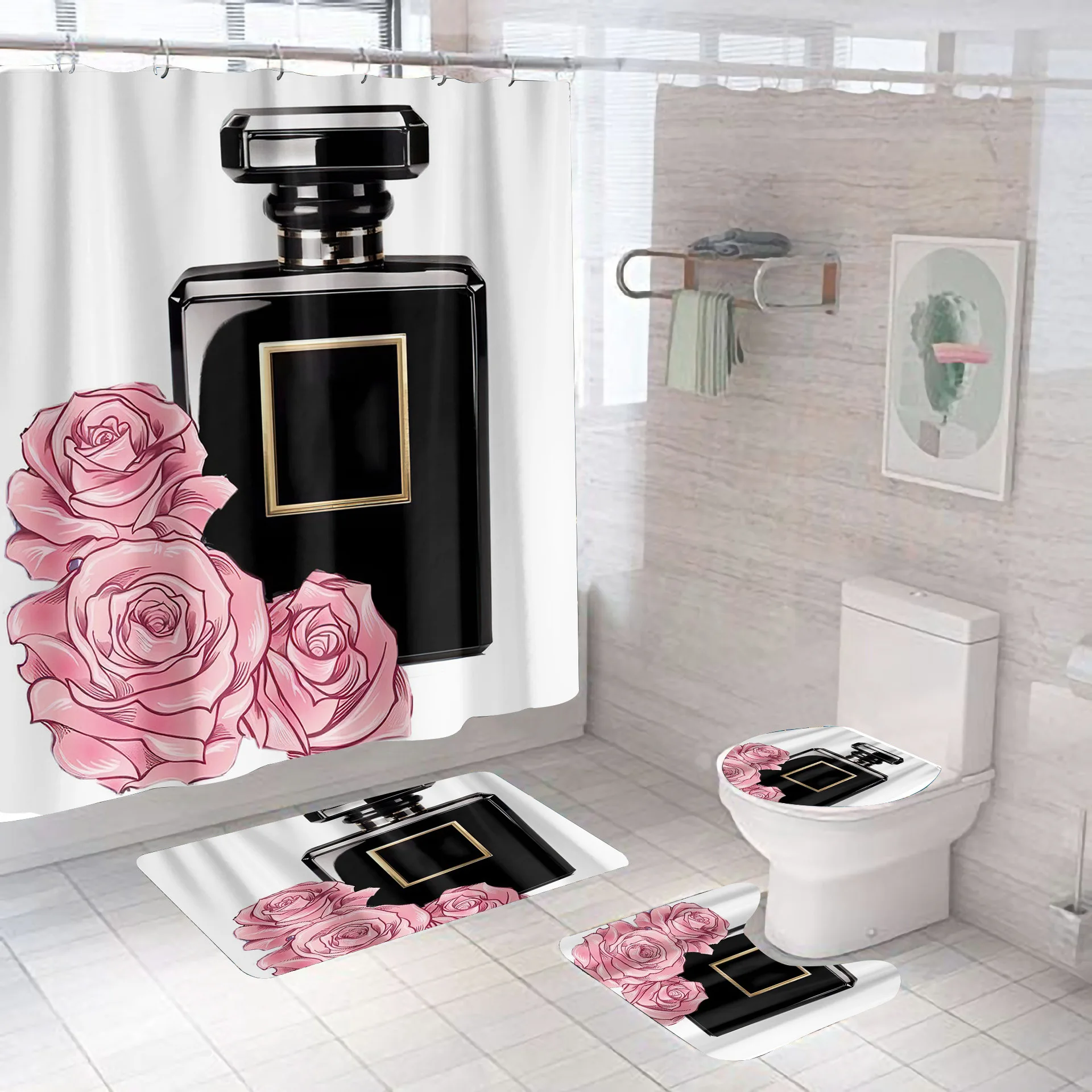 Nordic Cosmetic Flowers Art Fashion Girl Perfume Bottle Printed Shower  Curtain with Hook Non Slip Bathroom Set Decor Waterproof - AliExpress