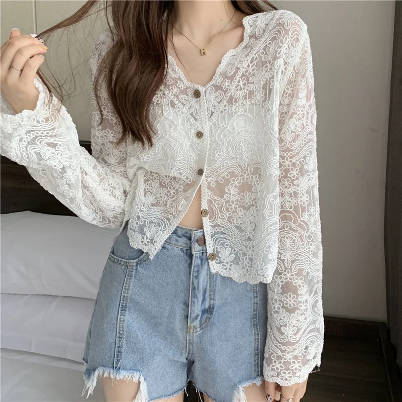 Vintage Summer Lace Blouses Women See Through Sheer Long Sleeve Sun Shirts Korean Style Casual Sun Protection Sexy Ladies Tops 6
