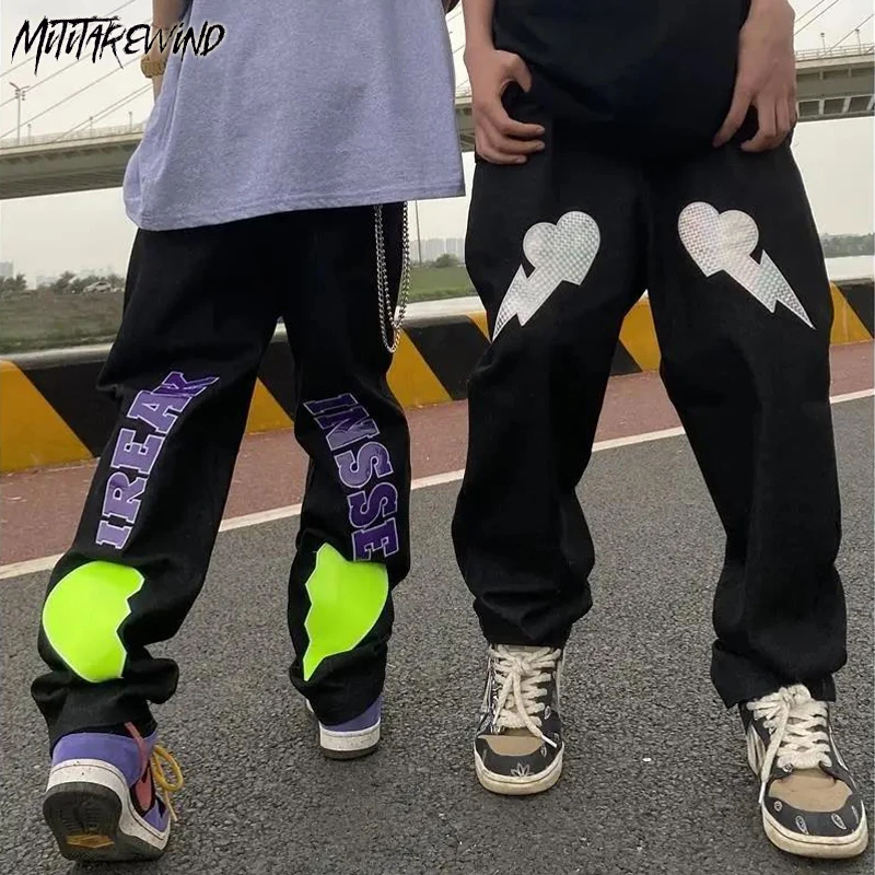 

High Street Lightning Love Patch Embroidered Jeans Harajuku Washed Wide Leg Denim Trousers Male Casual Streetwear Straight Pants