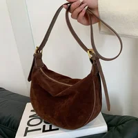 Zipper Solid Flannelette Single Women's Shoulder Bag 2025 New Style Suede Dumpling Bag Simple Retro Commuting Crossbody Bag 1