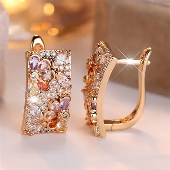 Multicolor Water Drop Stone Rainbow Flower Hoop Earrings For Women Vintage Gold Color Ear Buckle Wedding Jewelry Versatile Gifts