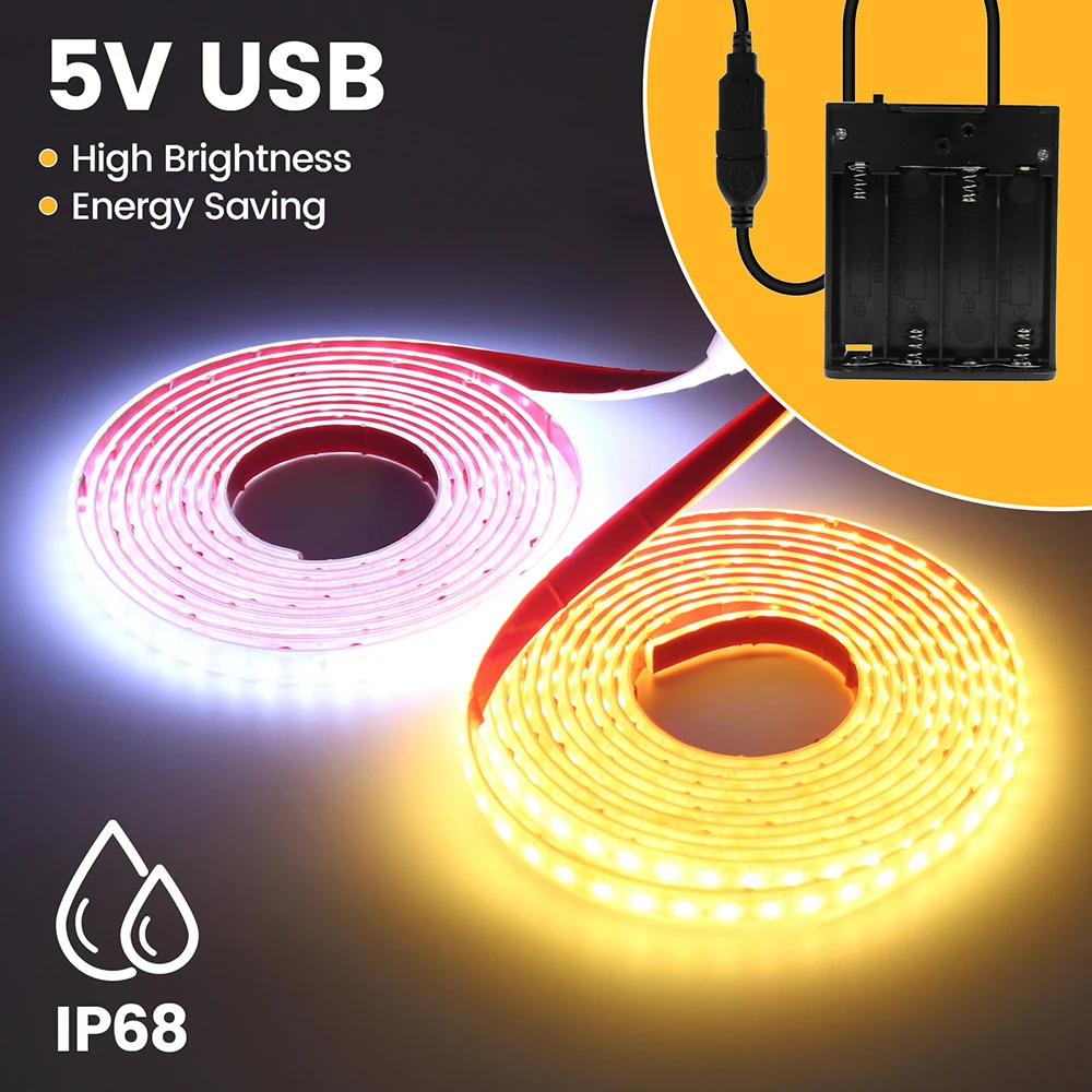 5V USB/배터리 전원 LED 스트립 라이트 SMD 2835 120 LED 플렉스 접착 테이프 IP68 휴대용 실리콘 램프 따뜻한 백색 가정용 조명