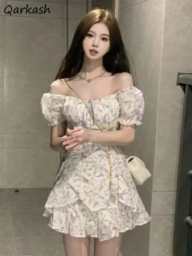 

Dresses Women Mini Floral Tender Ruffles French Style Summer Puff Sleeve Vestidos Gentle Chic Teens Casual Aesthetic Streetwear