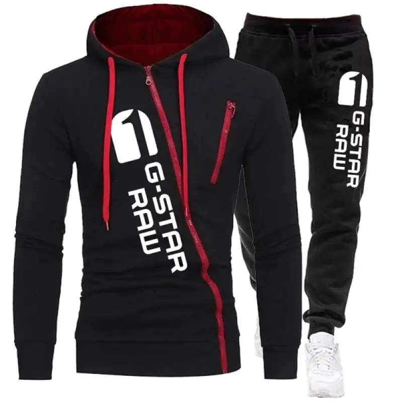 2024 Autumn Winte Oblique Zipper Tracksuit Men Sweatshirt + Sweatpants 2 Pieces Set Casual Mens Hooded Hoodies Suit Sportswear 2