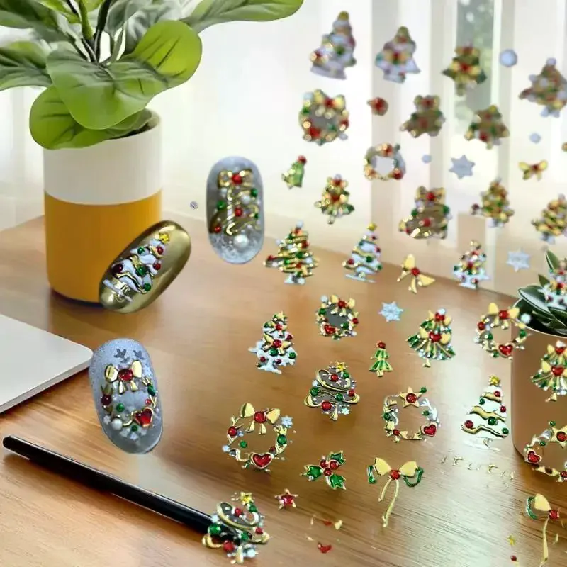 Cute Christmas Style Colorful Lights Polka Dot Christmas Tree Nail Art Stickers Bow Nail Art Print Embossed Stickers Nail Decor