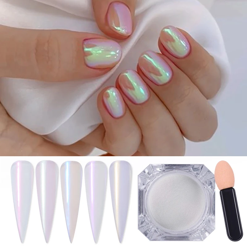 

Mirror Nail Powder Pigment Pearl White Rubbing on Nail Art Glitter Dust Chrome Aurora Blue Manicure Nail Decorations