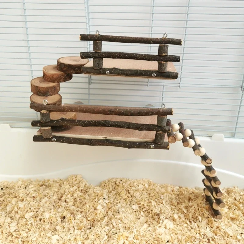 Hamster Activity Platform with Wooden Ladder Stairs Chew Toy Natural Hideout for Rat Gerbil Small Animal Pet Toy 2