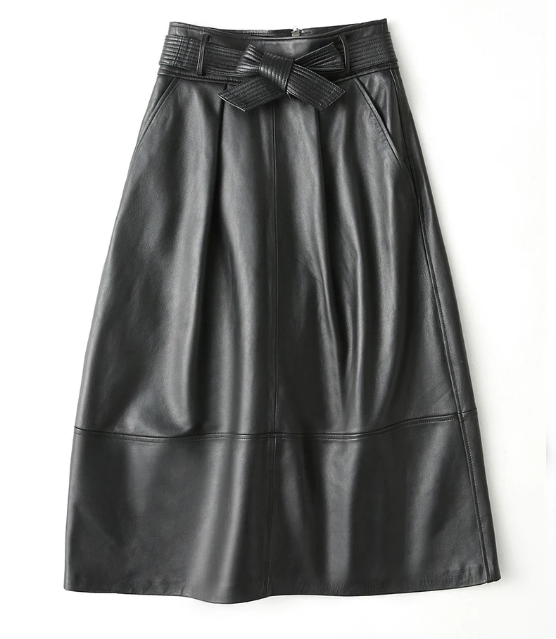 

Spring Black Long Luxury Clothes For Women With Sashes High Waist A Line Midi Pu Leather Skirt Runway High Fashion Falda