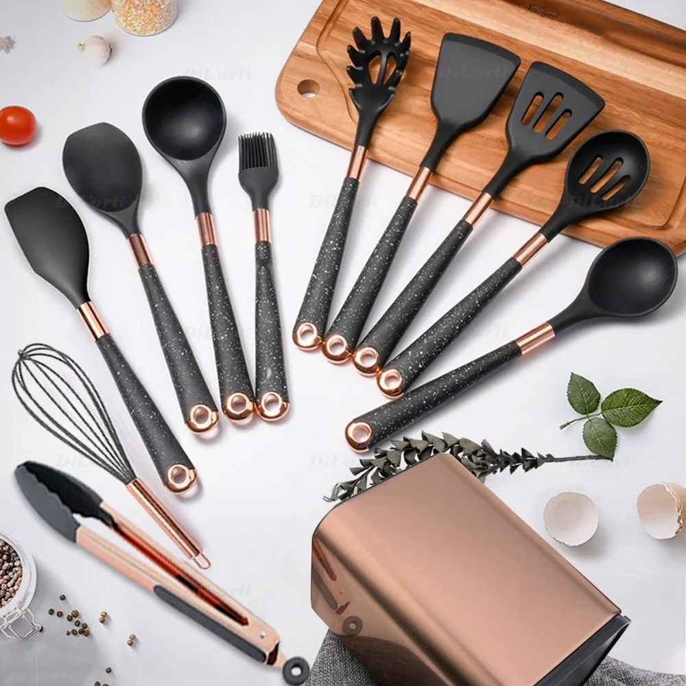 New Sunset Gold Plated Silicone Utensils Set Non-stick Kitchenware for Modern Cooking & Heat Resistance Kitchen Cooking Tools