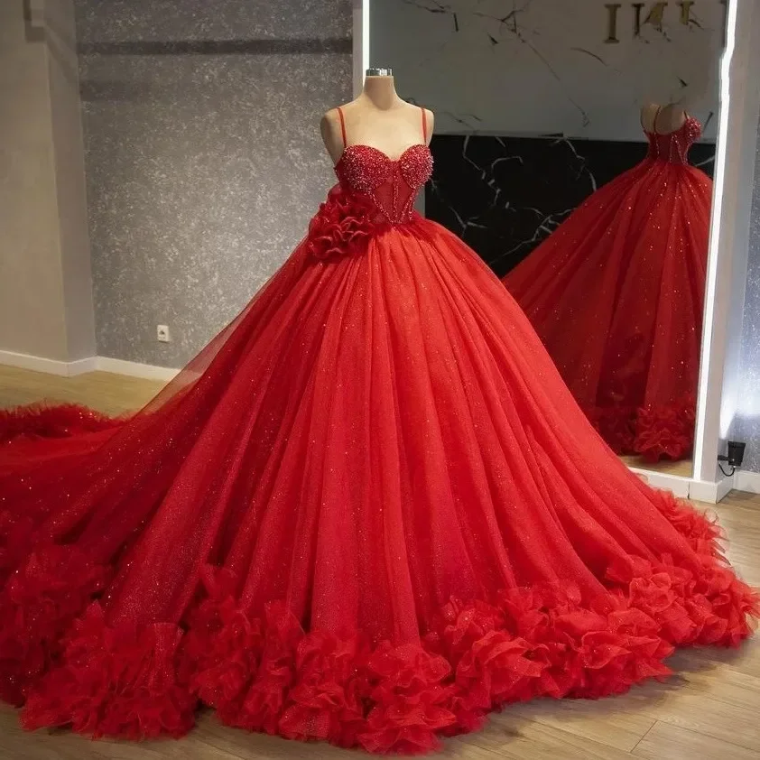 ANGELSBRIDEP Red Spaghetti Straps Glitter Ball Gown Quinceanera Dresses Beading Ruffles Flower Prom Sweet 15 Masquerade Dress quinceanera dresses