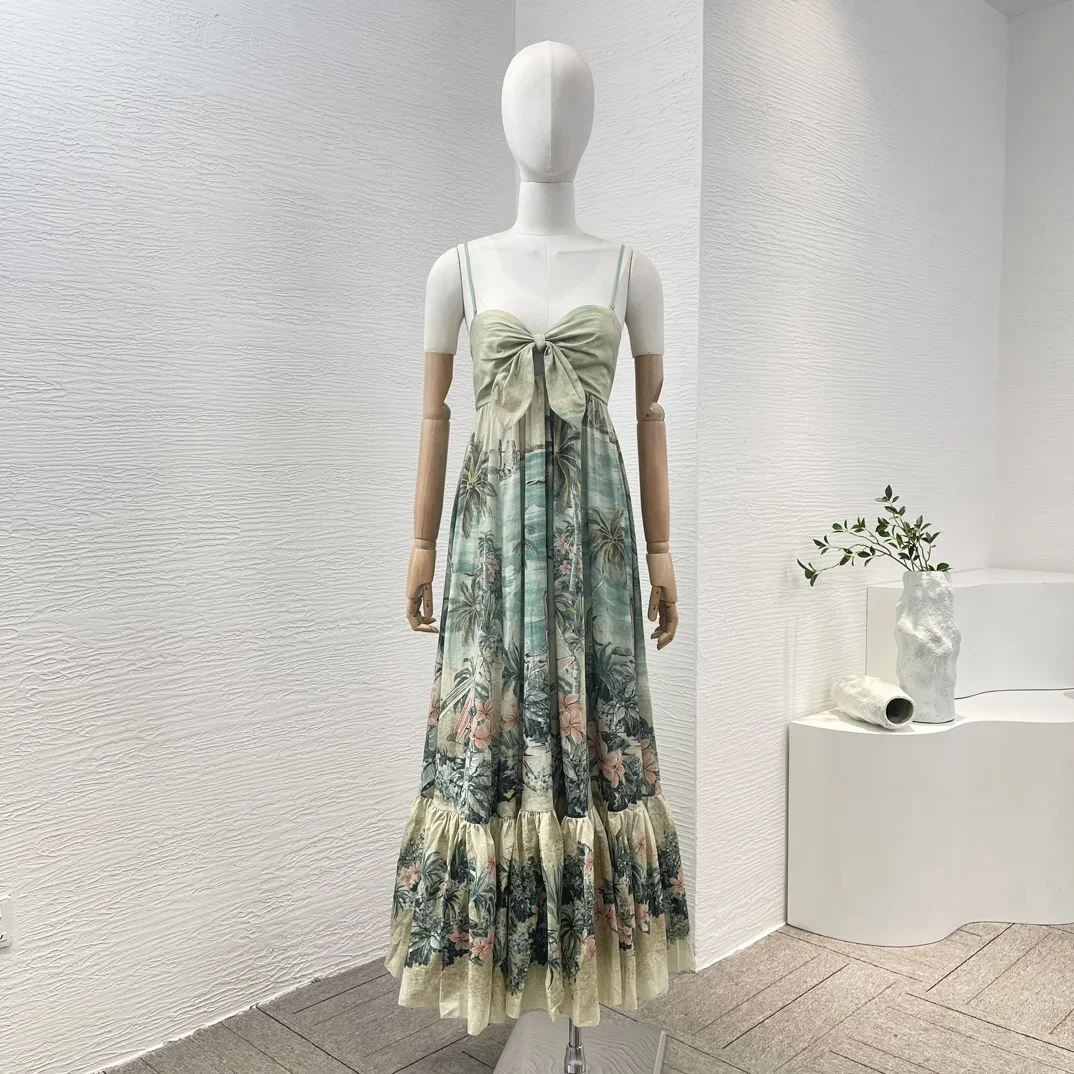 

Cotton 2023 New Green Top Quality Beach Style Vintage Botanical Print Sleeveless Cascading Camisole Woman Midi Dress