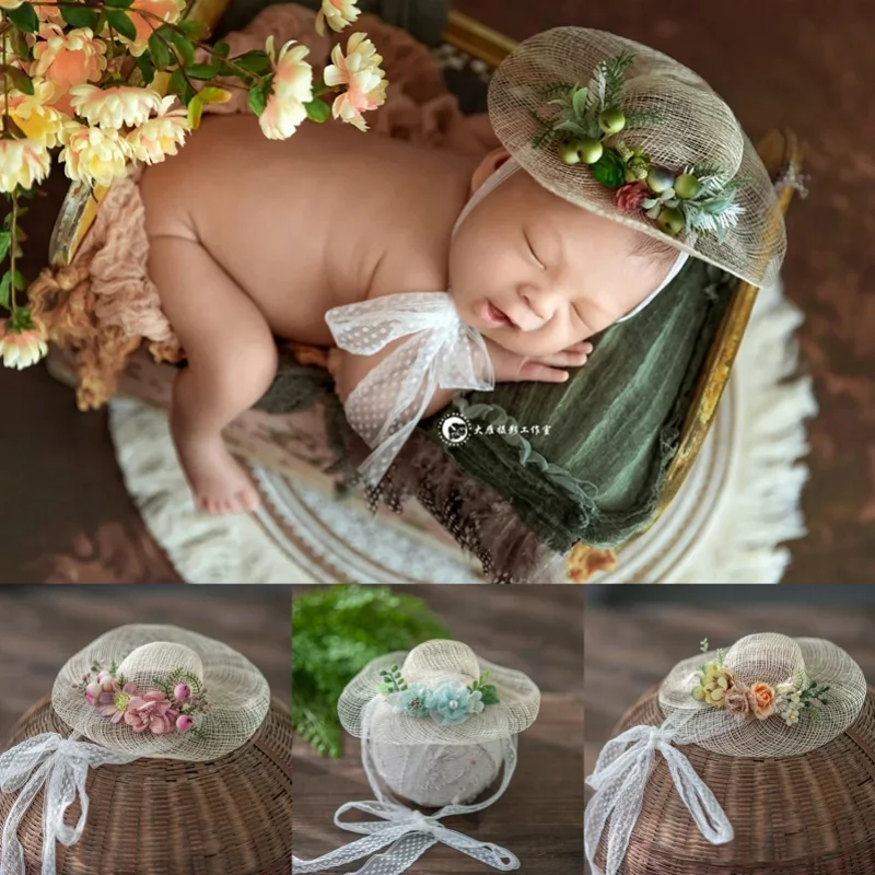 Dvotinst Newborn Baby Girls Photography Props Handmade Straw Hats with Flowers Mini Floral Sun Hat Studio Shooting Photo Props