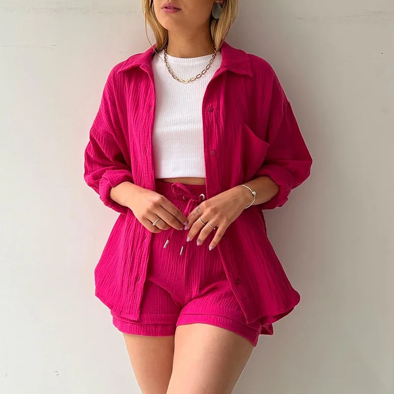 

Women Long Sleeve Turn-down Collar Single-Breasted Shirt Top Drawstring High Waist Shorts Suit Women Solid Loose Two-Piece Suit