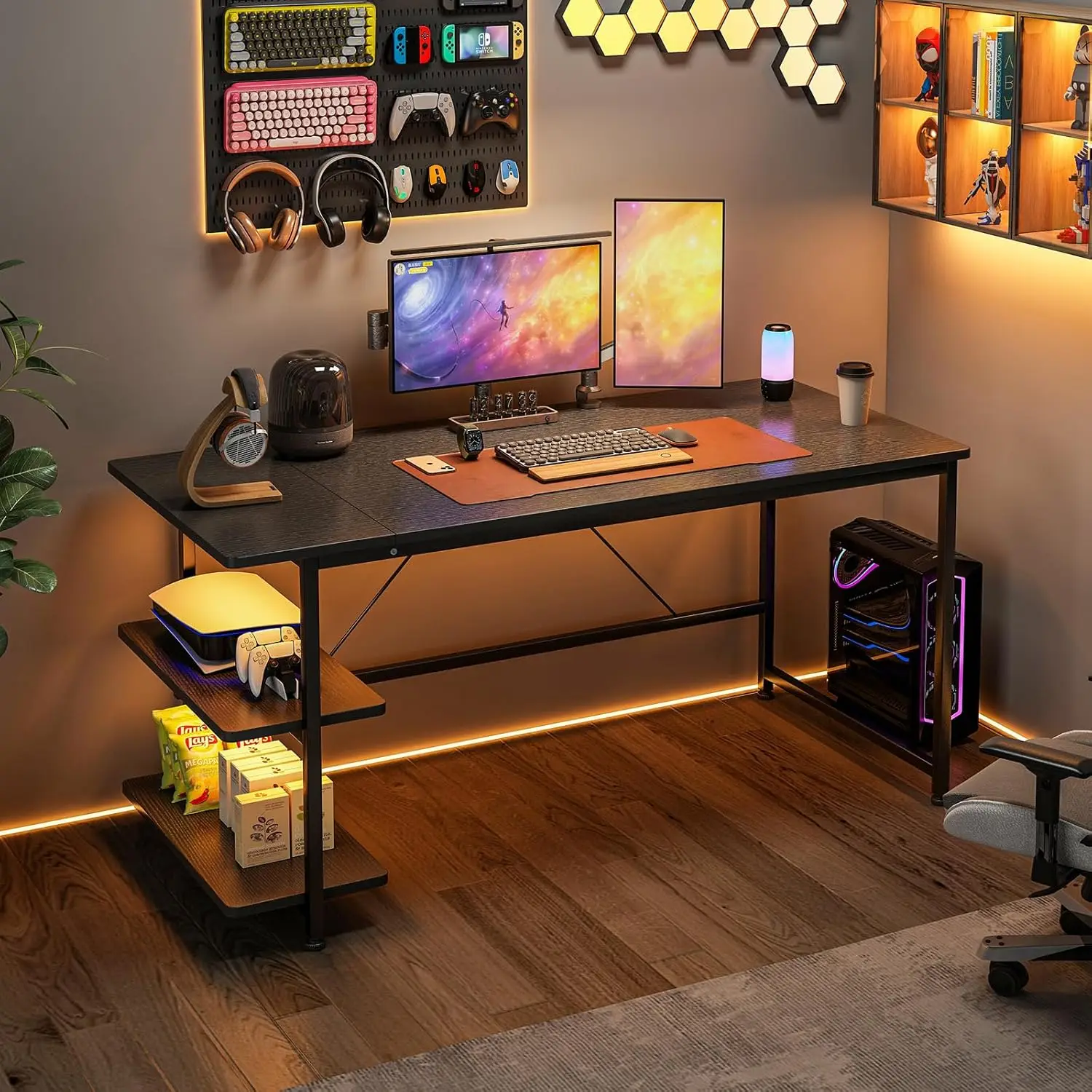 مكتب كمبيوتر طاولة، مكتب ألعاب 130 سم، طاولة مكتب مع مساحة تخزين، مكتب دراسة لمكتب المكتب المنزلي (أسود)