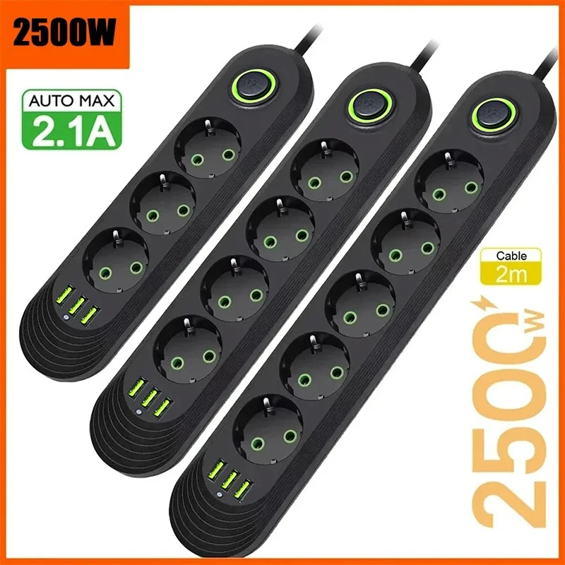 EU Plug AC Outlet 2500W Multiports Power Strip AC Outlet with 3USB Port 2m Extension Cable Round Pin Electrical Charger Adapter 1