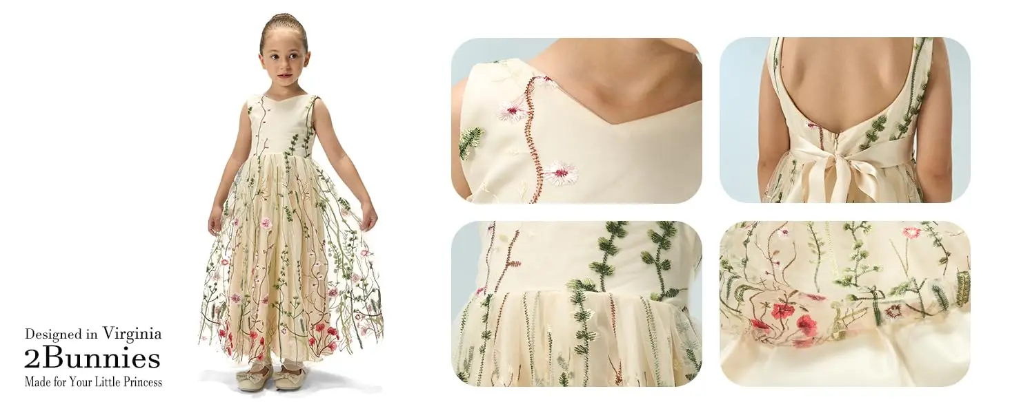 2Bunnies Embroidered Tulle Girl Dress in Ivory