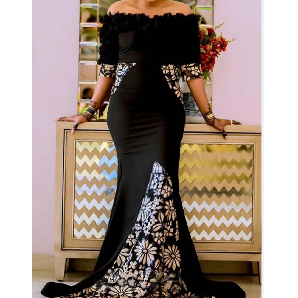 

Lugentolo Party Dress Women Elegant Fashion Print Half Sleeve Off The Shoulder Sheath Lace Stitching Fall Fashion Maxi Dress